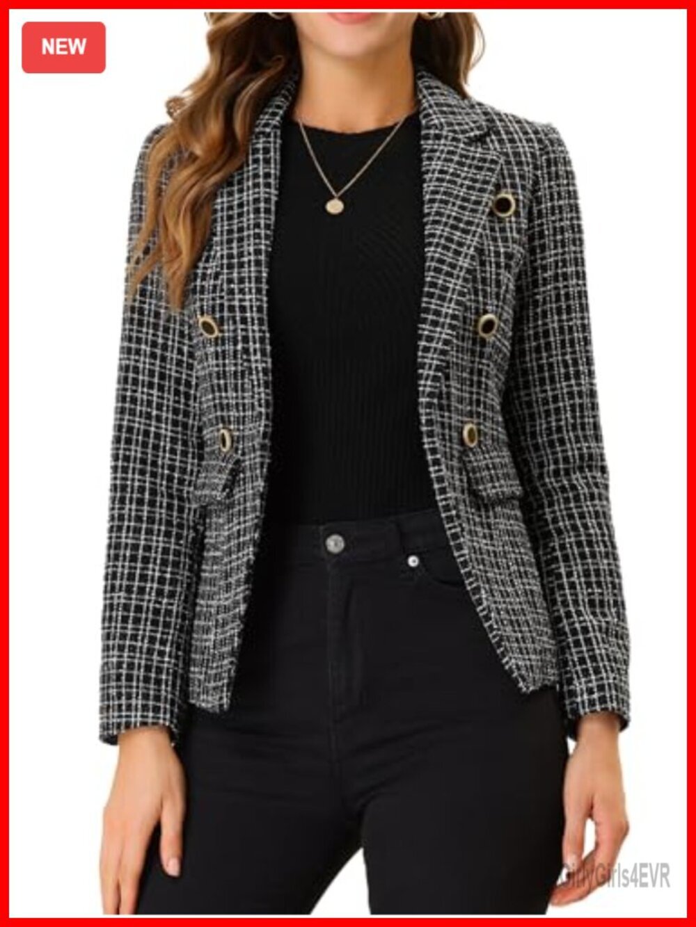 Tweed Blazer Jacket Women's Plaid Long Sleeve Open Front Work Blazer Padded